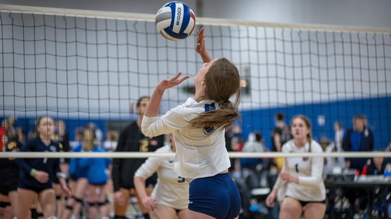 a woman playing volleyball in a gym